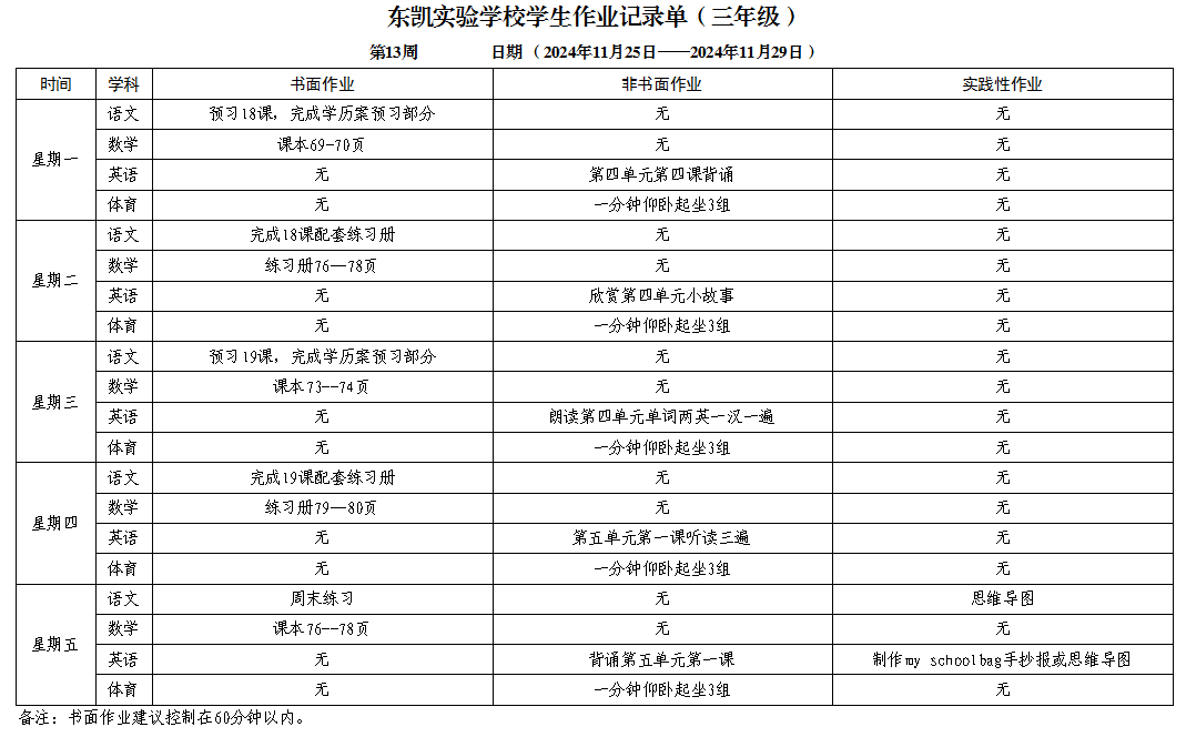 东凯实验学校小学部3-5年级第十三周作业单