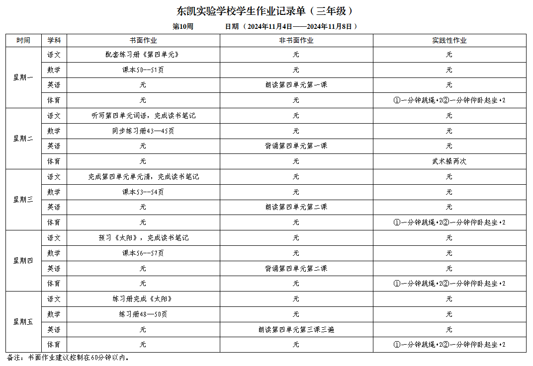 东凯实验学校小学部3-5年级第十周作业单