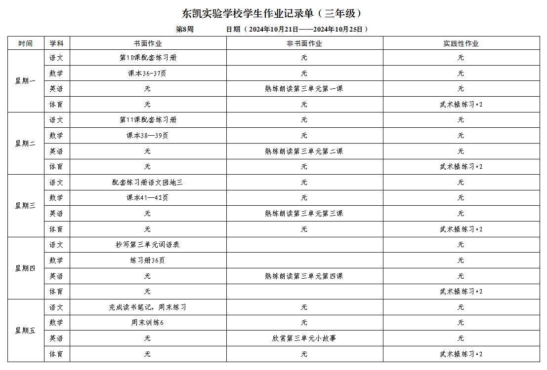 东凯实验学校小学部第八周作业单