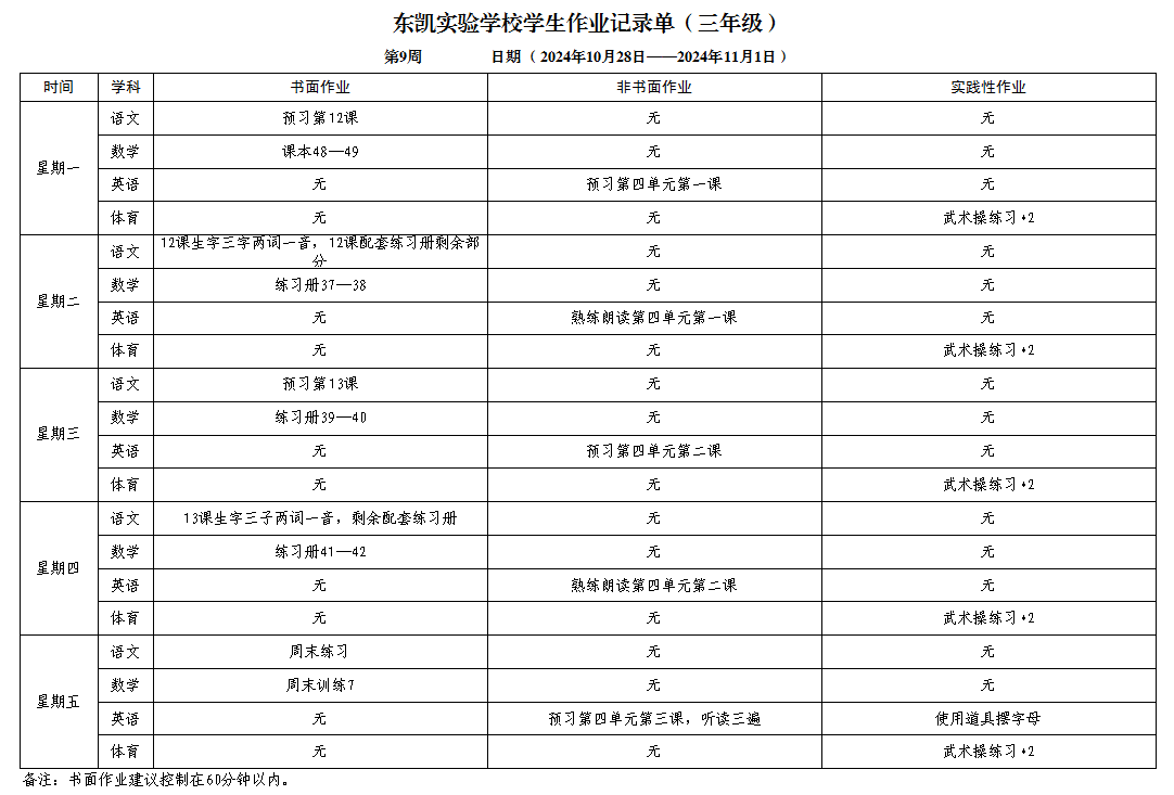 东凯实验学校小学部3-5年级第九周作业单