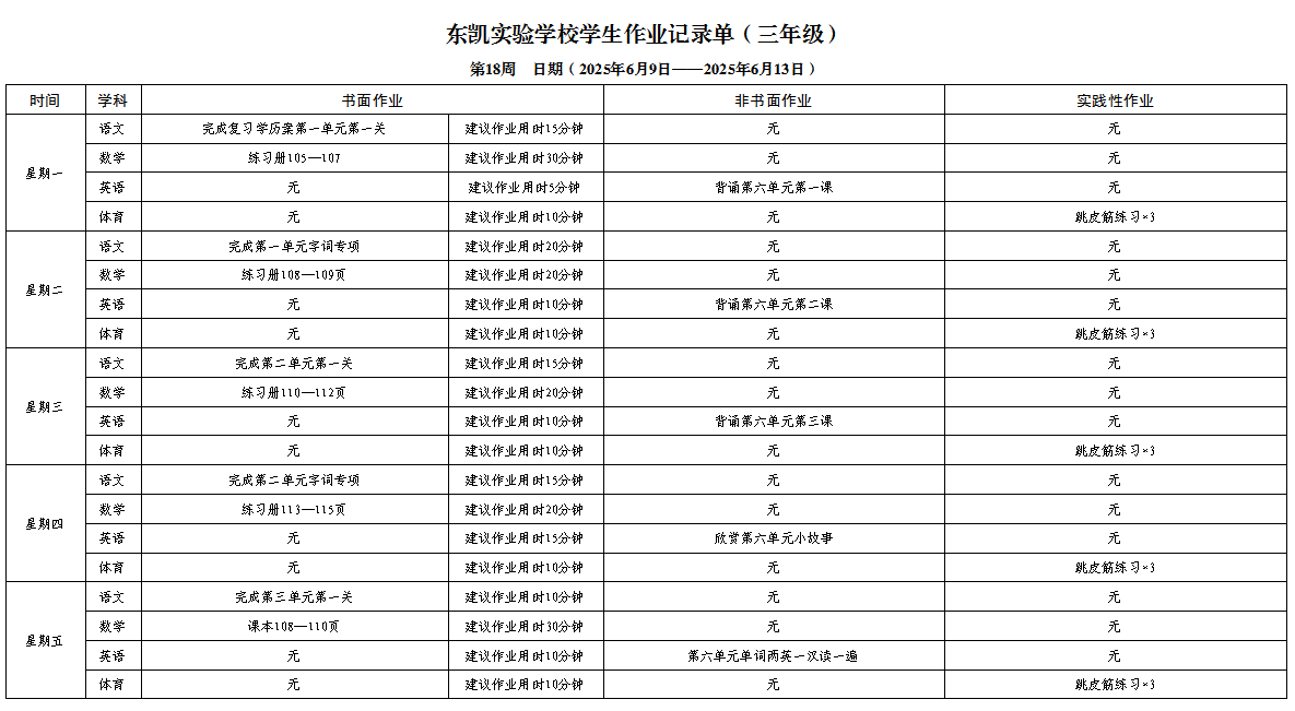 东凯实验学校小学345年级第十八周作业单
