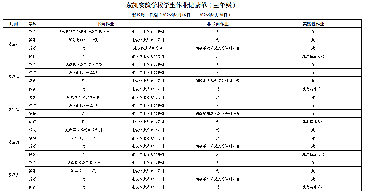 东凯实验学校小学部345年级第十九周作业单